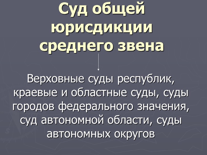Суд общей юрисдикции среднего звена   Верховные суды республик, краевые и областные суды,